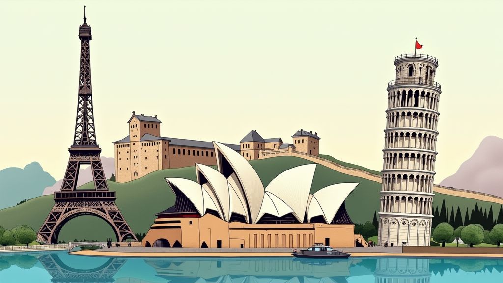 Eiffel Tower, Great Wall, Opera House, Leaning Tower of Pisa