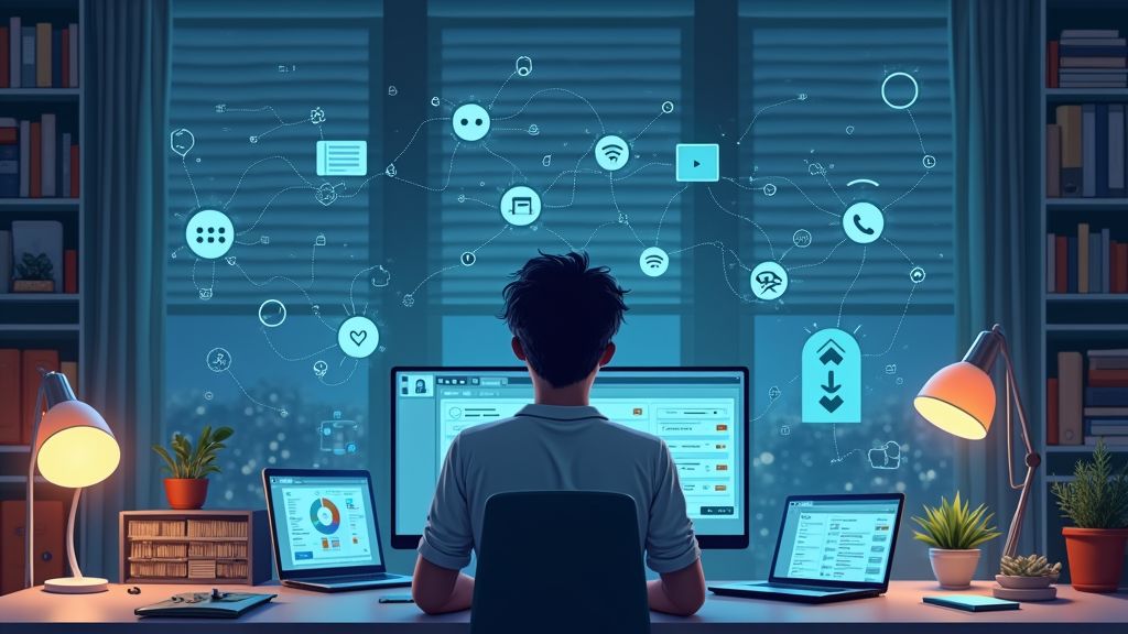 Busy person leveraging helpful technology